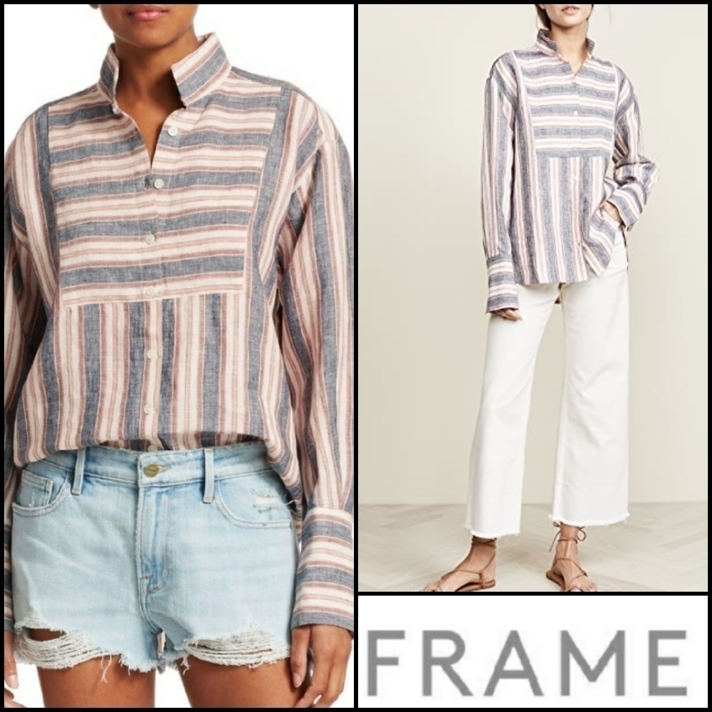 NEW! FRAME Linen Striped Bib Button-up Top